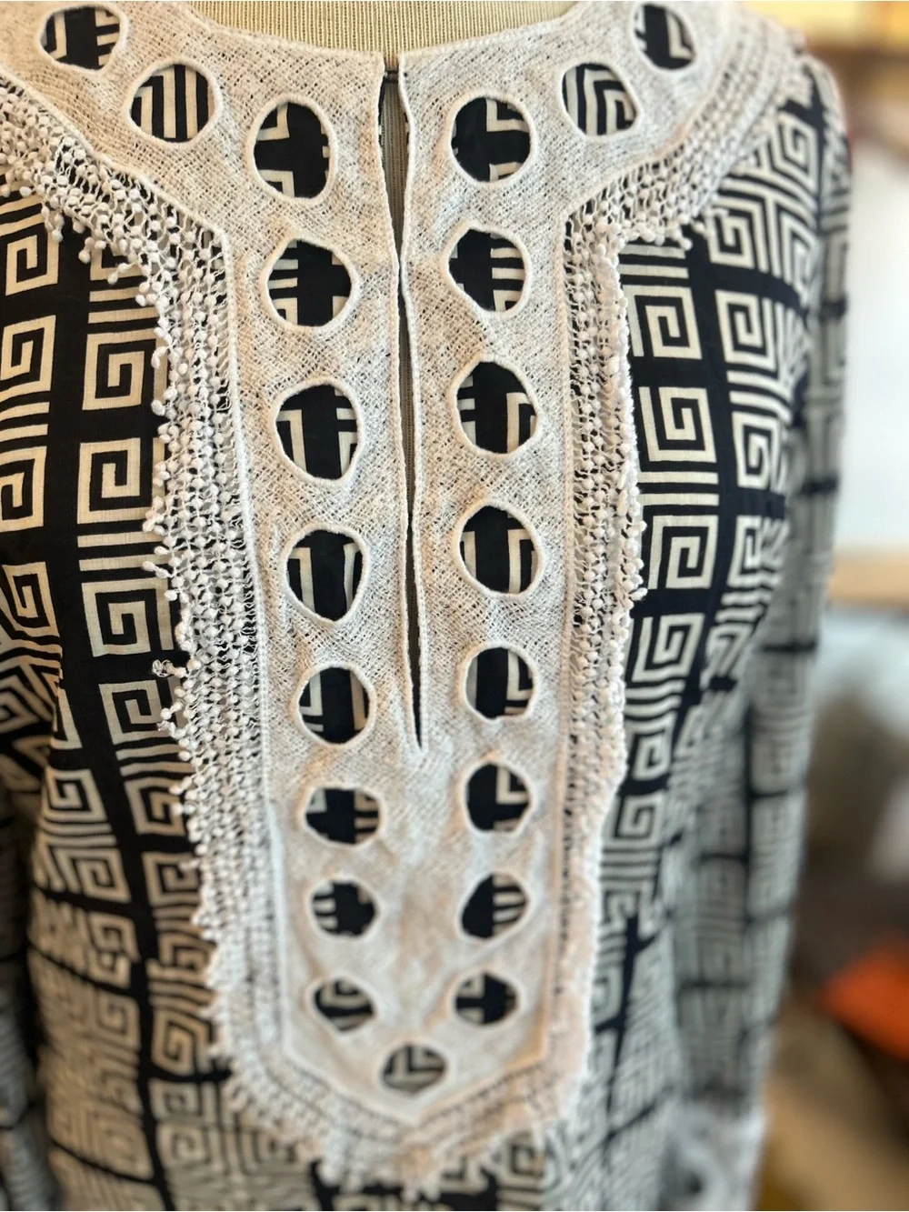 Tory Burch Derelia Black White Geometric Long-Sleeve Top Embroidered Yoke Cotton